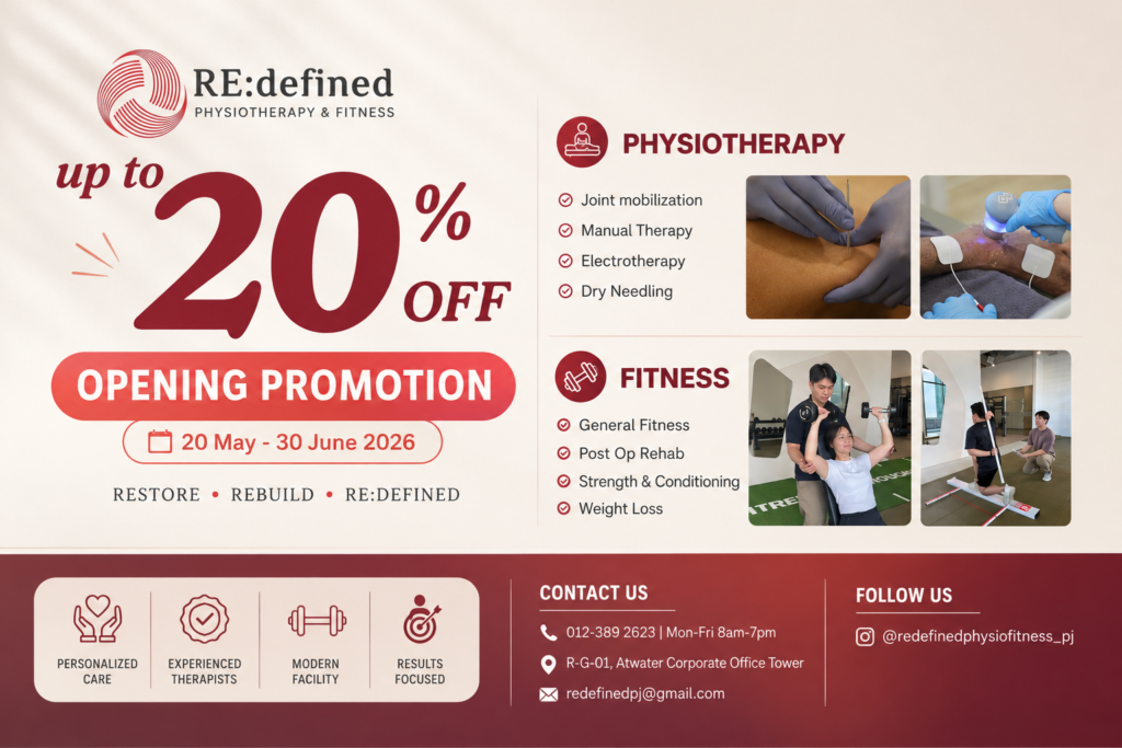 RE:defined Physiotherapy & Fitness promotional banner with 'up to 20% off' and 'Opening Promotion' dates 20 May–30 June 2026.